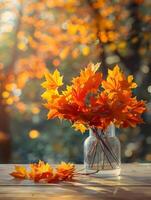 AI generated Bouquet of autumn leaves in a transparent vase. High quality. AI Generative photo
