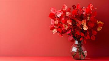 ai generado ramo de flores de otoño hojas en un transparente florero en un rojo antecedentes. alto calidad. ai generativo foto