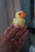 Duck shaped jelly sweet food in hand photo