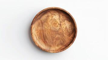 AI generated Empty wooden plate on white background  top view and perspective. photo