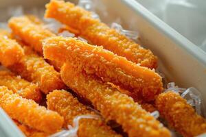 AI generated Frozen orange fish sticks  homecooked fast food. photo