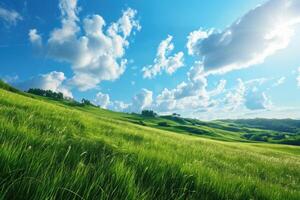 AI generated Meadows under blue sky with clouds. photo