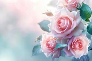 AI generated Delicate roses bloom on festive floral card. photo