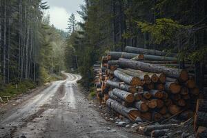 AI generated Log stacks along the forest road photo