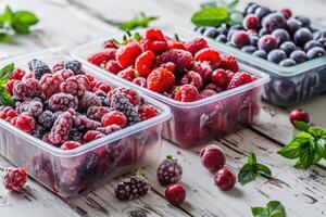 AI generated Frozen berries and vegetables in plastic boxes photo