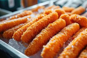 AI generated Frozen orange fish sticks  homecooked fast food. photo