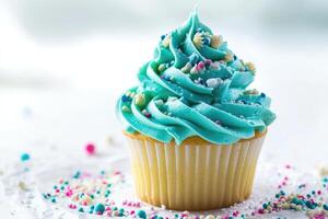 AI generated Teal cupcake with butter cream icing on white. photo