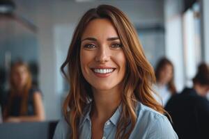 AI generated Portrait of a happy businesswoman in office with colleagues in background photo