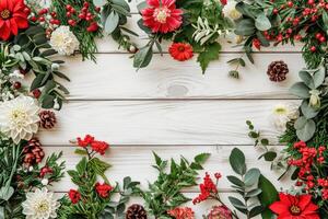 AI generated Festive flowers on white wooden background overhead view photo