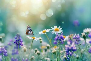 AI generated Gorgeous wild flowers and butterfly in nature. photo
