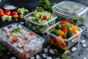 AI generated Frozen vegetables in plastic containers on dark background. photo