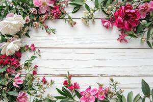 AI generated Festive flower composition on white wooden background overhead view photo