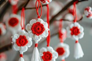 AI generated Traditional Romanian Martisor  Handmade Crocheted Symbol of Spring. photo