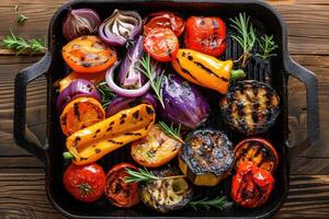 AI generated Grilled vegetables in a cast iron grilling pan  view from above photo