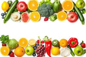 AI generated Wide collage of fresh fruits and vegetables for layout isolated on white background. Copy space photo