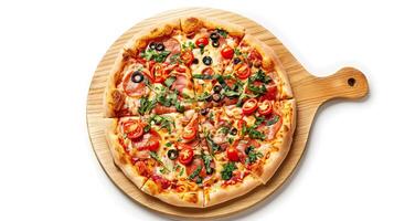 AI generated Pizza board with a napkin isolated on white. Top view mock up photo