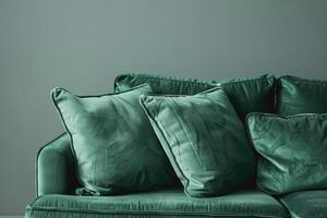 AI generated Green sofa with pillow. Soft emerald couch. Isolated background. photo