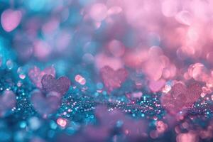 AI generated Glittery vintage lights with defocused hearts overlay. photo