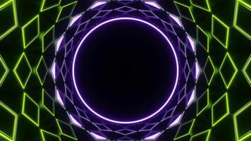 Purper en limoen neon cirkel in spiegel tunnel achtergrond vj lus video