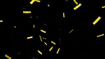 Falling shiny golden confetti isolated on transparent video black background. Bright festive tinsel of gold color. chroma key.