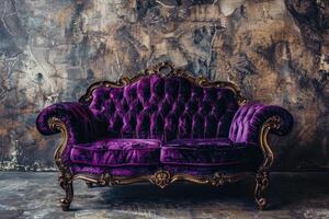 AI generated Plush purple velvet loveseat settee with antique style telephone against a textured background photo