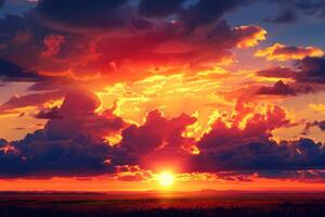 ai generado puesta de sol paisaje con naranja nubes y oscuro escenario. foto