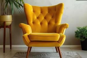 ai generado amplio amarillo tapizado Sillón con tela tapicería en de madera piernas en retro estilo foto