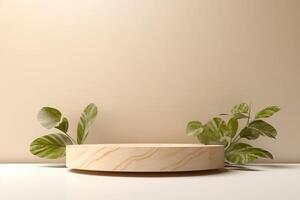 AI generated Minimal modern product display with wood podium and green leaves. photo