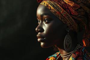 ai generado africano dama en tradicional impresión atuendo. foto