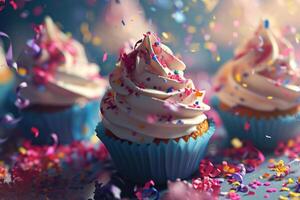 AI generated Colorful party with cupcakes and confetti photo