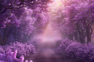 AI generated Fantasy background . Magic forest.Beautiful spring landscape.Lilac trees in blossom photo