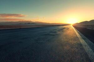 AI generated Empty asphalt road and mountain scenery at sunrise photo