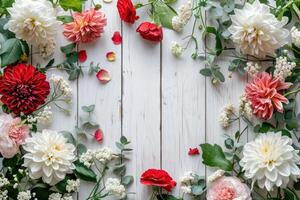 AI generated Festive flowers on white wooden background overhead view photo