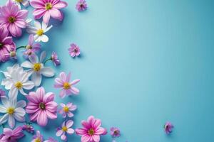 ai generado primavera antecedentes Fresco flor en azul antecedentes foto