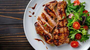 AI generated Pork meat grilled with fresh vegetable salad on a white plate. a top view of a horizontal photo