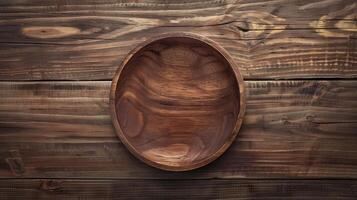 AI generated wooden background  Wood dish on the wooden background. Top view. photo