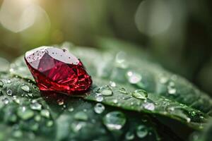 AI generated Red ruby gem on leaf. photo