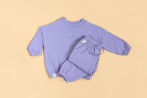 elegante lila para niños primavera, otoño deporte traje. suave tocar, calentar corredores y camisa de entrenamiento. Moda niños atuendo para primavera, otoño y invierno. plano poner, parte superior vista. foto