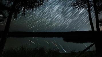 tid upphöra av de kometformad stjärna spår i de natt himmel över de sjö. stjärnor flytta runt om en polär stjärna. reflexion av stjärnor i vatten. episk video 4k