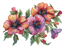 AI generated Elegant embroidered flowers in purple and orange on transparent background - stock png. png