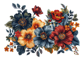 AI generated Elegant embroidered flowers in purple and orange on transparent background - stock png. png