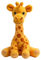 AI generated Giraffe plush toy with long neck and patterned fur on transparent background - stock png. png