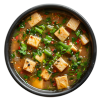 AI generated Spicy tofu vegetable soup with sesame seeds and spring onions on transparent background - stock png. png