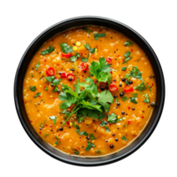 AI generated Creamy yellow lentil soup garnished with chili and fresh herbs on transparent background - stock png. png