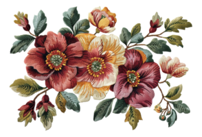 AI generated Exquisite botanical embroidery art with colorful flowers on transparent background - stock png. png