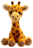 AI generated Giraffe plush toy with long neck and patterned fur on transparent background - stock png. png