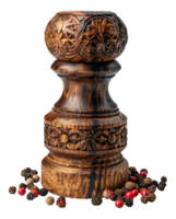 AI generated Wooden pepper grinder with peppercorns on transparent background - stock png. png