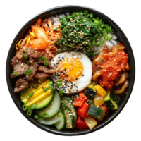 AI generated Colorful Korean bibimbap with beef, assorted vegetables, and fried egg on transparent background - stock png. png