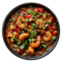 AI generated Spicy shrimp stir-fry with vegetables in a savory sauce on transparent background - stock png. png