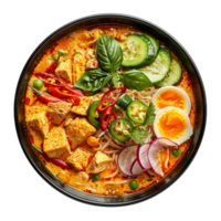 AI generated Spicy tofu noodle soup with egg, fresh vegetables, and herbs on transparent background - stock png. png